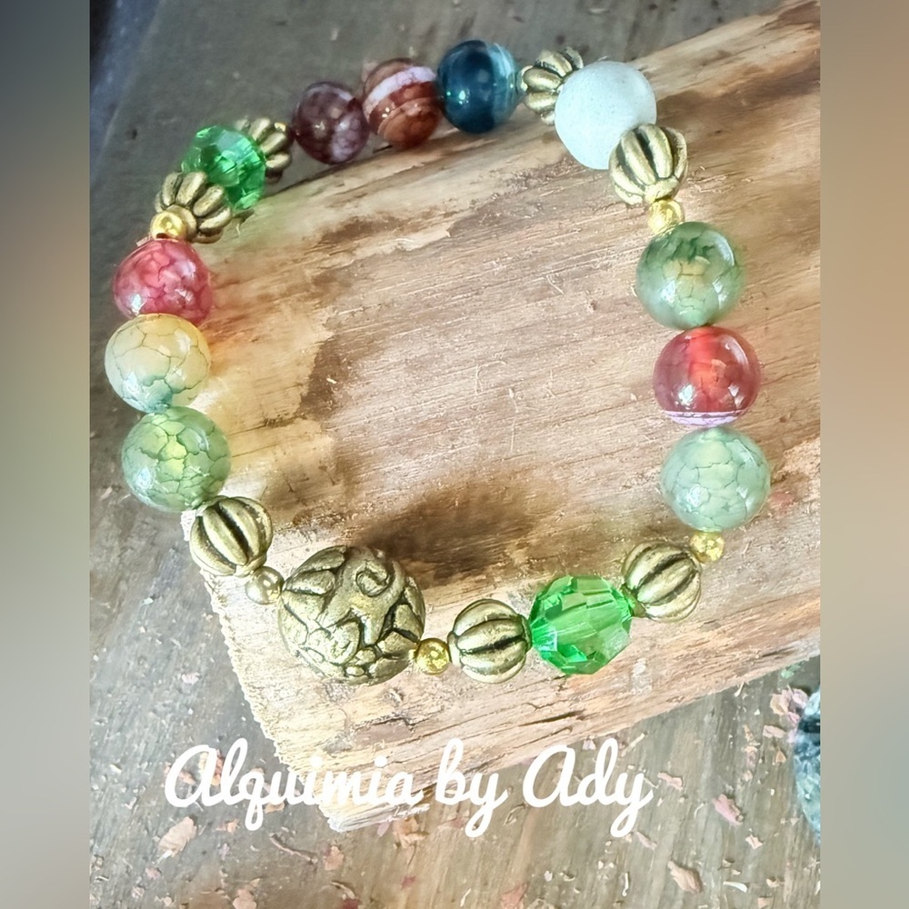 Antique style Chunky Indian Agate beaded bracelet/colorful oversized